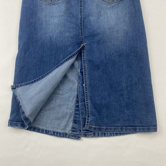 SO Midi Denim Blue Jean Skirt Button Front Size 7/28 Medium Wash Slit Stretch - Picture 8 of 8